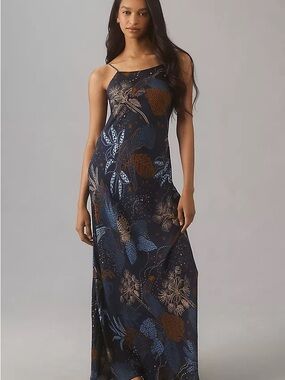 Navy Floral Slip Maxi Dress with Brown & Blue Accents